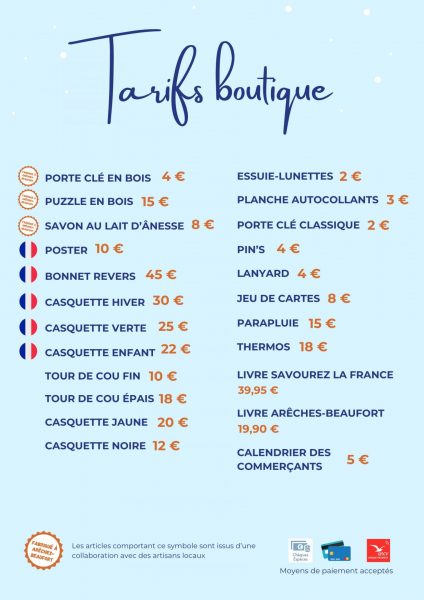tarifs des produits en vente dans la boutique