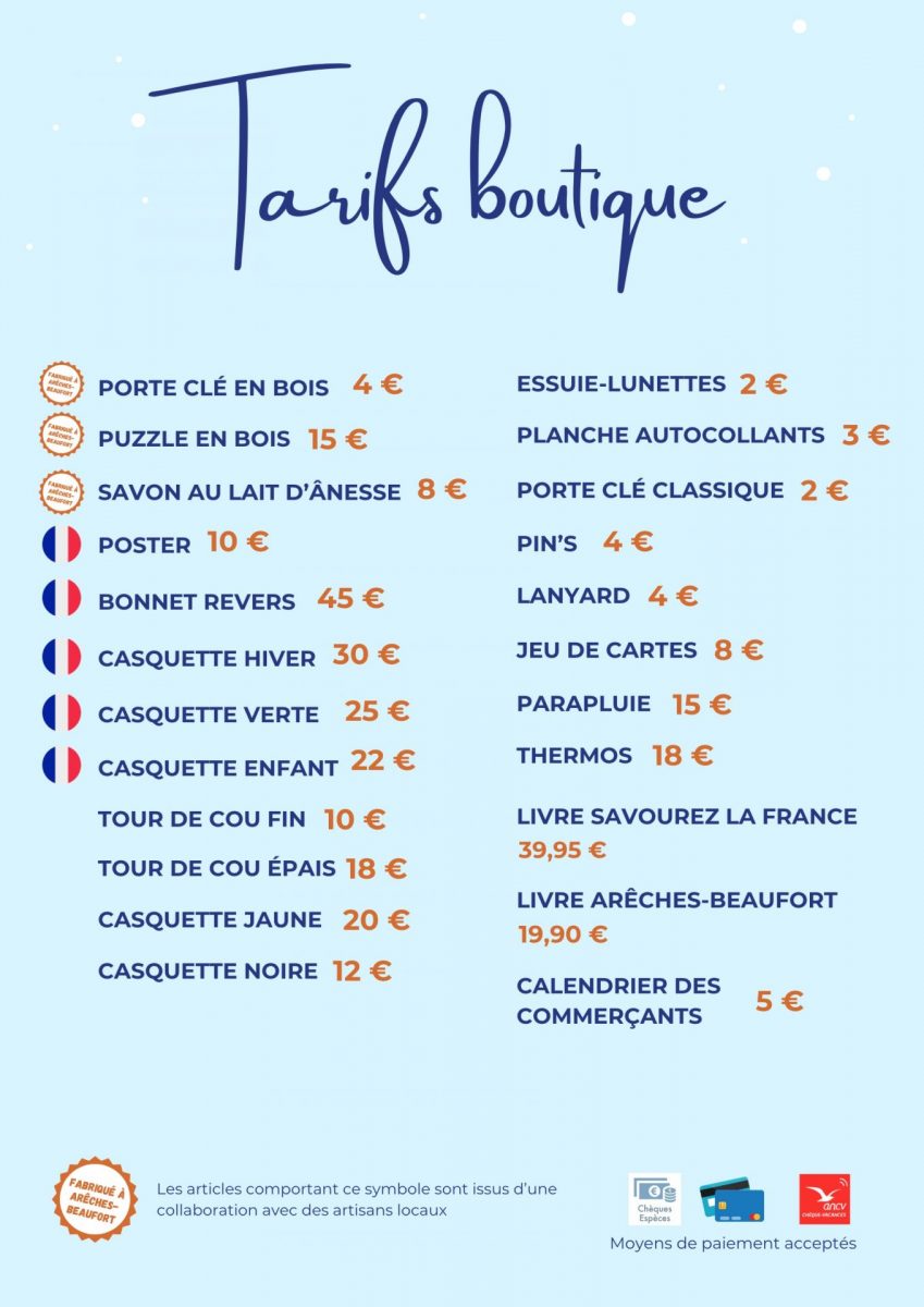 tarifs des produits en vente dans la boutique